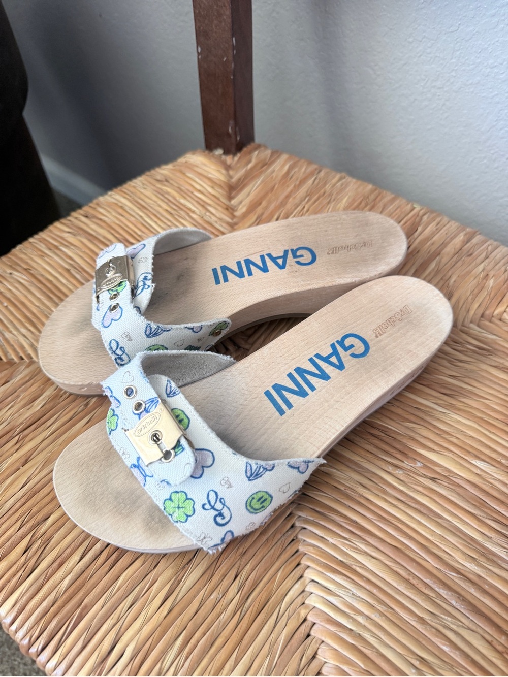 Ganni x Dr Scholls Wooden Slide Sandals White Print Butterfly Smiley Face US7
